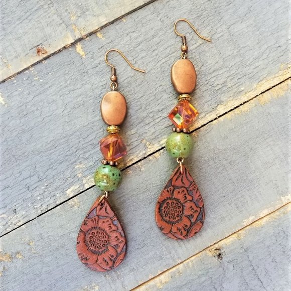 Artisan Earrings Embossed Faux Leather Copper Amber Green Beaded Pierced - Picture 4 of 5
